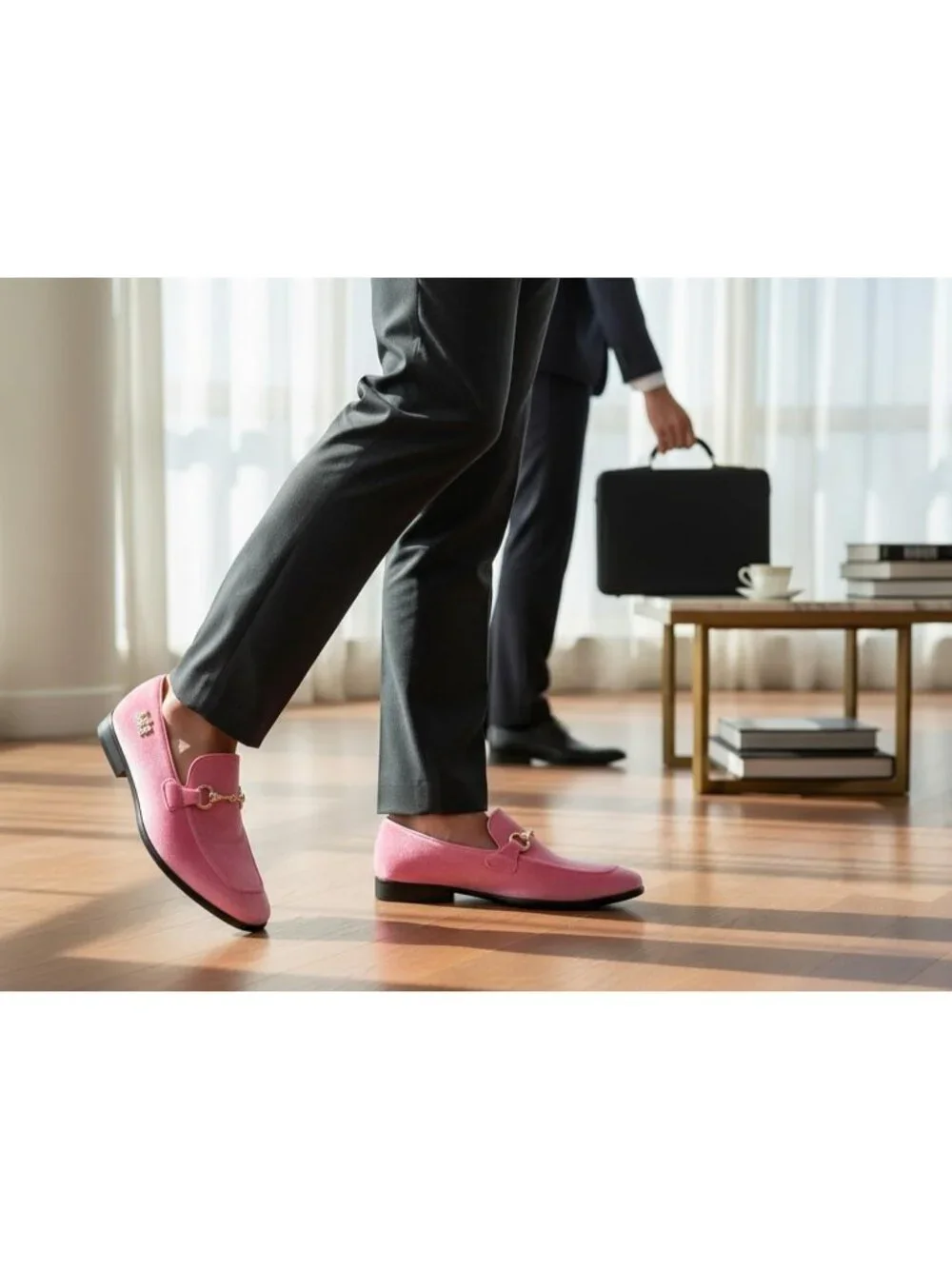 Metrocharm Men's Pink Rubber Velvet Loafers Gold Buckle Slip On Classic Shoes